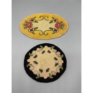 Vintage Handmade Hooked Rug Dollhouse Yellow Floral Scalloped Folk‎ Art Doily